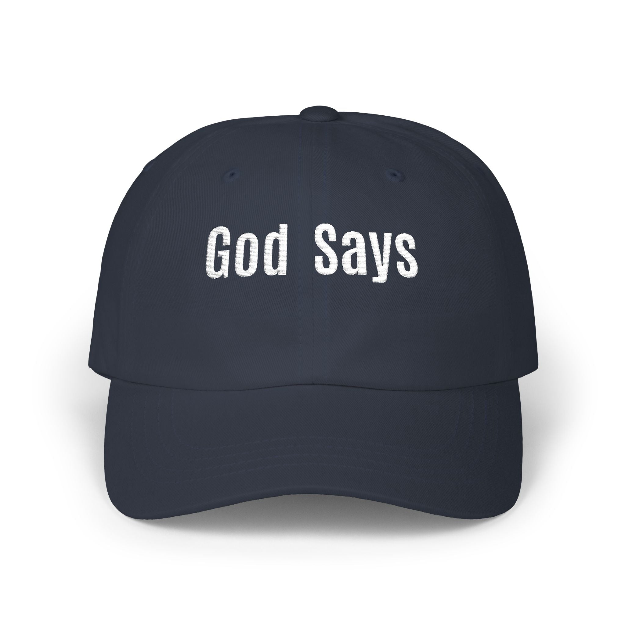 God Says Keep Going Adjustable Baseball Cap White Embroidery front and back