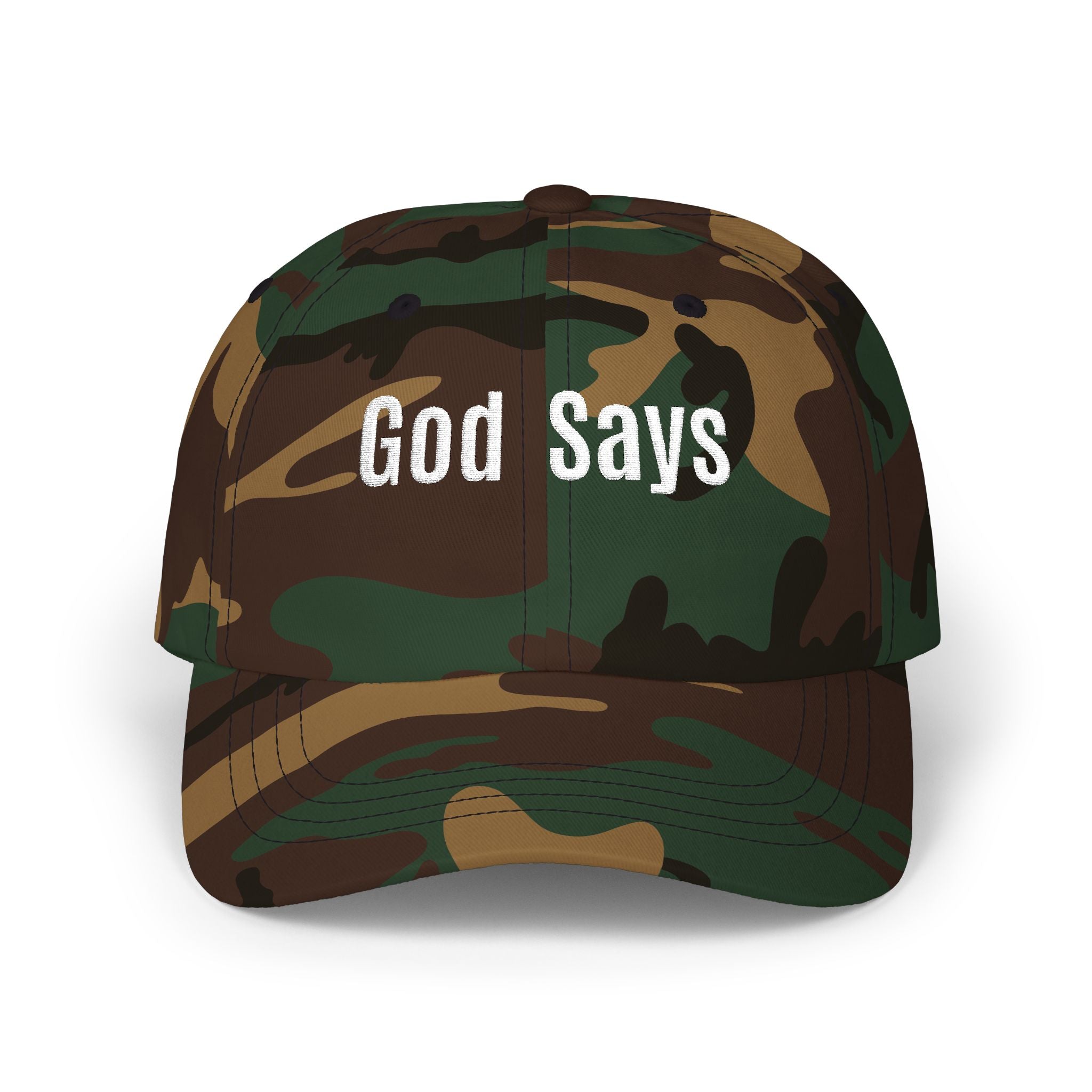 God Says Keep Going Adjustable Baseball Cap White Embroidery front and back