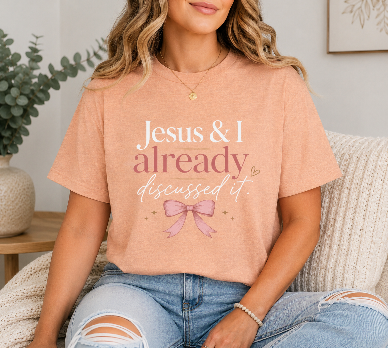 Jesus & I Already Discussed It Shirt | Christian Bow Tee | Feminine Faith Shirt | Coquette Christian Graphic Tee