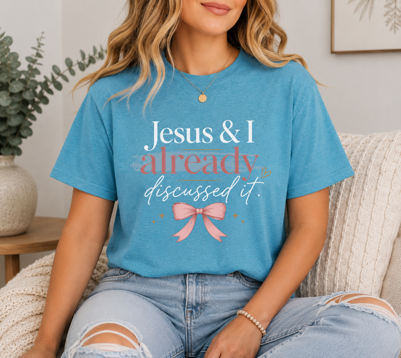 Jesus & I Already Discussed It Shirt | Christian Bow Tee | Feminine Faith Shirt | Coquette Christian Graphic Tee