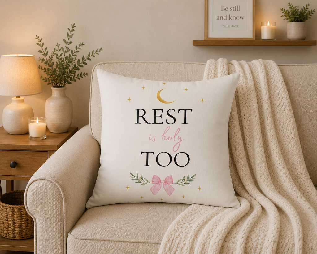 Rest Is Holy Too | Cozy Faith Throw Pillow