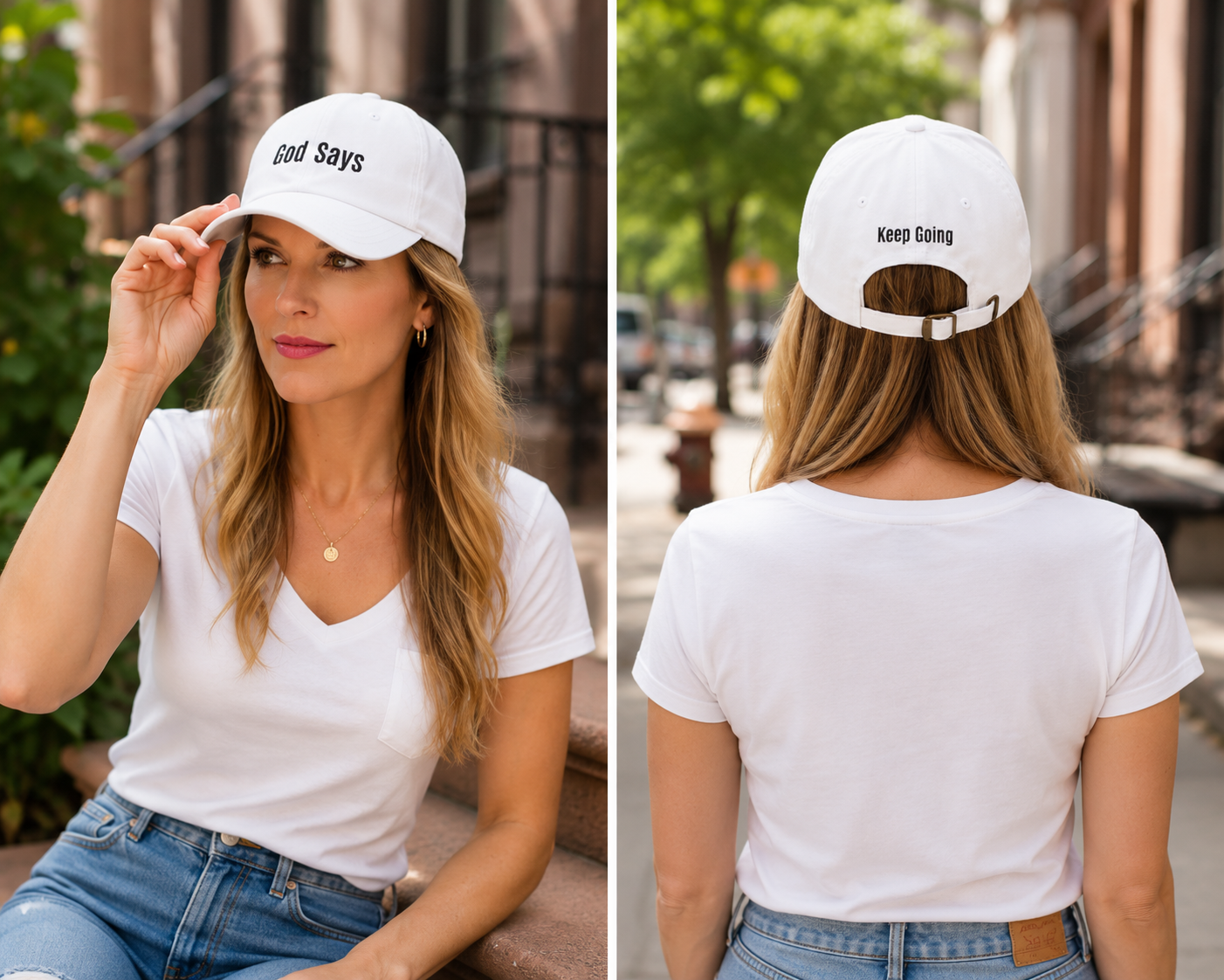 God Says Keep Going Adjustable Baseball Cap Embroidered Front and Back