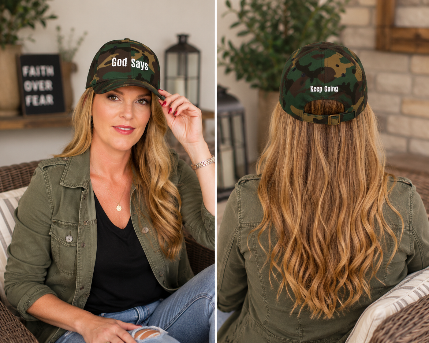 God Says Keep Going Adjustable Baseball Cap White Embroidery front and back