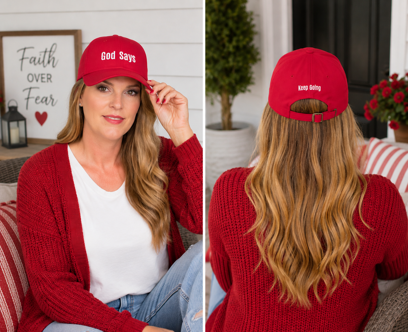 God Says Keep Going Adjustable Baseball Cap White Embroidery front and back