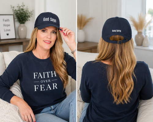 God Says Keep Going Adjustable Baseball Cap White Embroidery front and back